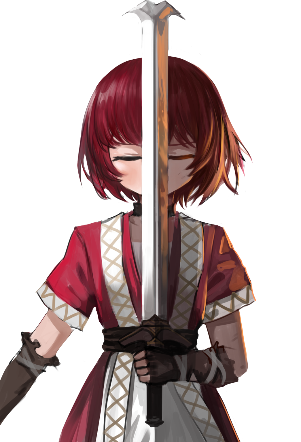 1girl, arcturus, bangs, brown_gloves, closed_eyes, commentary, cowboy_shot, dokomon