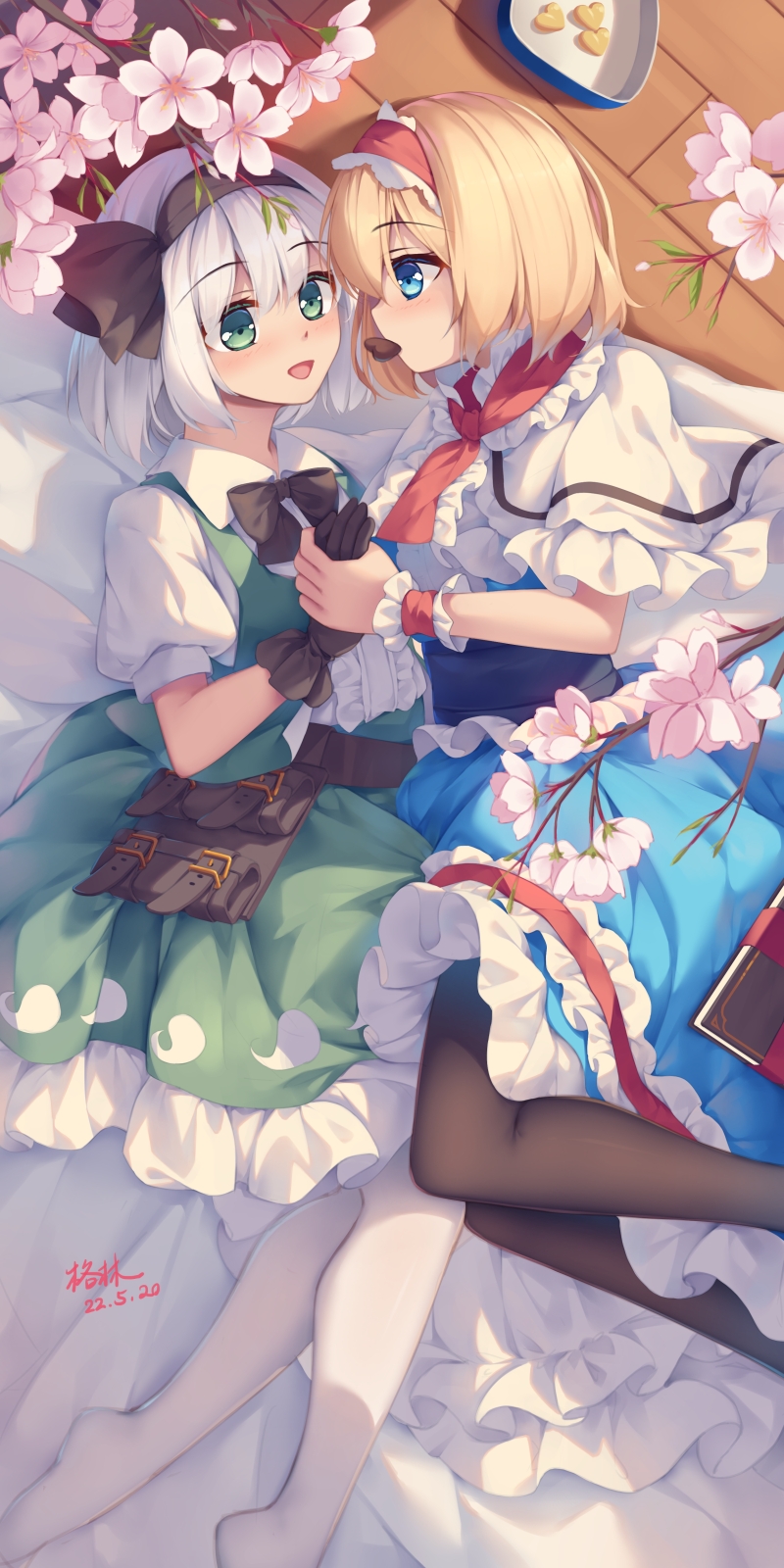 2girls, alice_margatroid, ascot, belt, black_bow, black_bowtie, black_legwear, blonde_hair