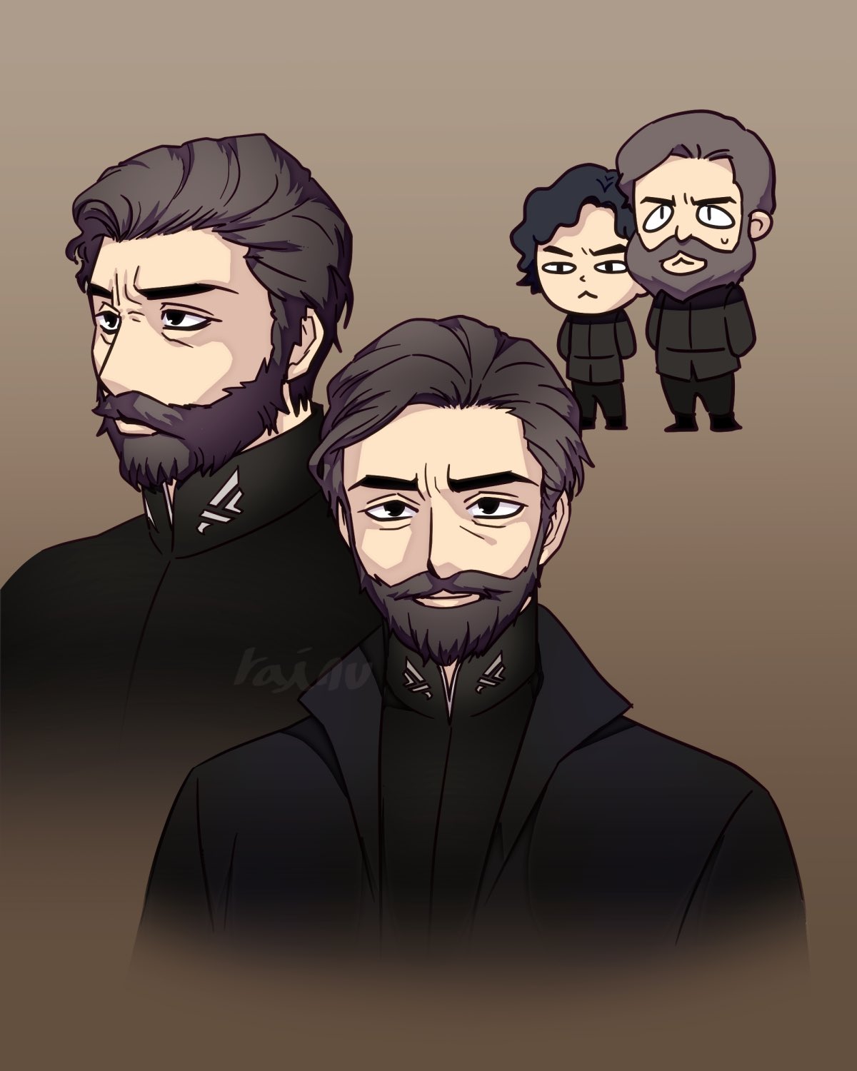 <o>_<o>, 2boys, :<, beard, black_coat, black_eyes, black_hair, black_pants, black_shirt, brown_background, brown_hair, chibi, closed_mouth, coat, commentary_request, dune_(2021_movie), dune_(series), facial_hair, father_and_son, highres, kim_rodel, korean_commentary, leto_atreides, looking_at_viewer, multiple_boys, multiple_views, pants, paul_atreides, shirt, short_hair, smile, upper_body