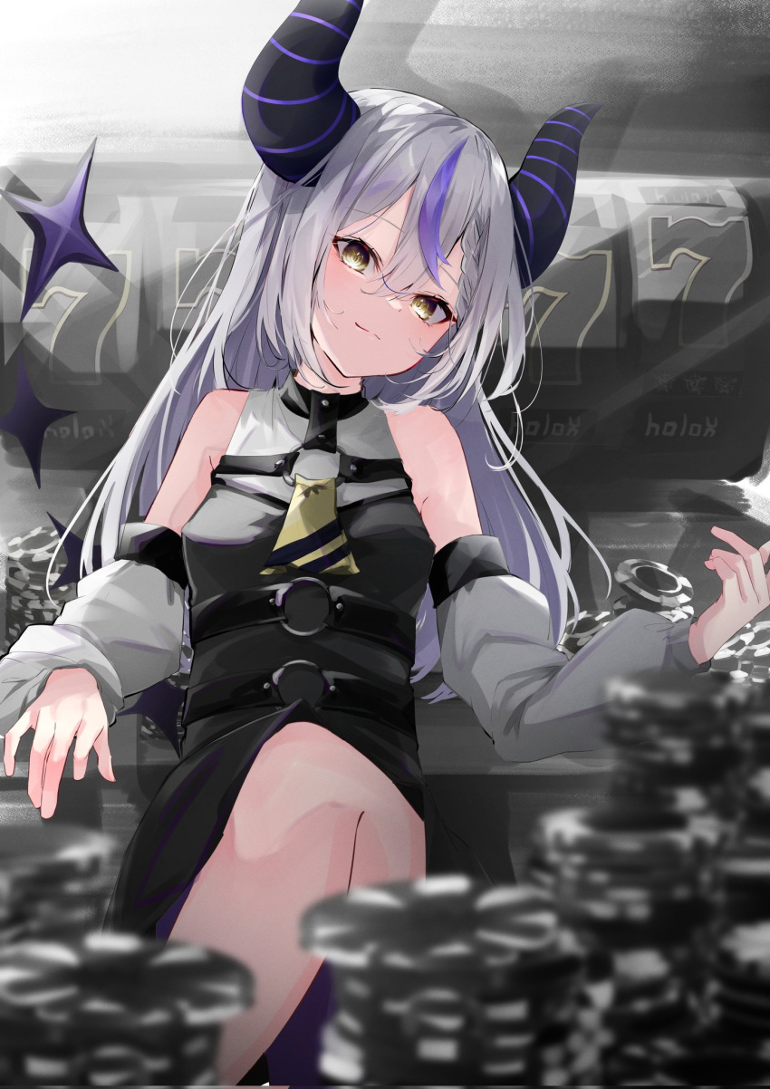 1girl, ascot, asymmetrical_hair, black_dress, blurry, blurry_foreground, braid, breasts, closed_mouth, commentary, crossed_legs, demon_horns, detached_sleeves, dress, eyebrows_visible_through_hair, feet_out_of_frame, french_braid, grey_hair, hair_between_eyes, head_tilt, highres, hololive, horns, la+_darknesss, long_hair, looking_at_viewer, motoi_(croa76), multicolored_hair, o-ring, poker_chip, purple_hair, single_braid, sitting, sleeveless, sleeveless_dress, slot_machine, small_breasts, smile, smirk, solo, strap, streaked_hair, striped_horns, two-tone_hair, virtual_youtuber, yellow_ascot, yellow_eyes