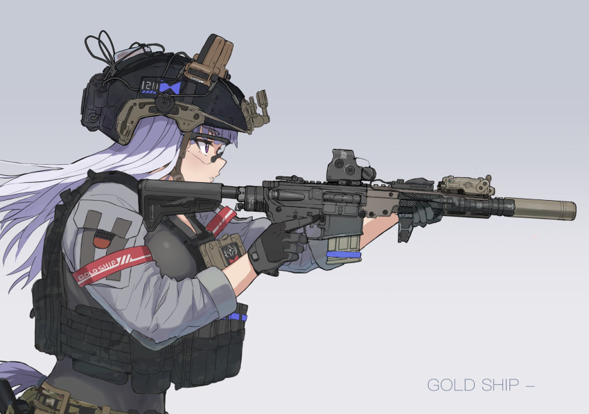 1girl, assault_rifle, bangs, blunt_bangs, eotech, gold_ship_(umamusume), gun, helmet