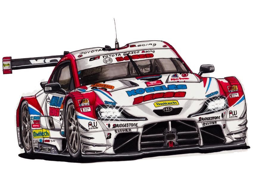 car, commentary_request, ground_vehicle, highres, lens_flare, motor_vehicle, no_humans, original, race_vehicle, racecar, simple_background, spoiler_(automobile), sticker, takashi_mamiya, toyota, toyota_supra, vehicle_focus, white_background