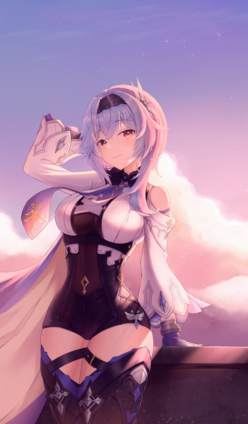 1girl, absurdres, adjusting_hair, arm_support, bangs, belt, black_legwear, black_leotard, blue_hair, cape, clouds, cloudy_sky, commentary_request, dusk, eula_(genshin_impact), eyebrows_visible_through_hair, genshin_impact, hair_between_eyes, hair_ornament, hairband, highres, leotard, long_sleeves, looking_at_viewer, mengxin_huazha, necktie, short_hair, sidelocks, sky, solo, thighs, twilight, vision_(genshin_impact), wind, zettai_ryouiki