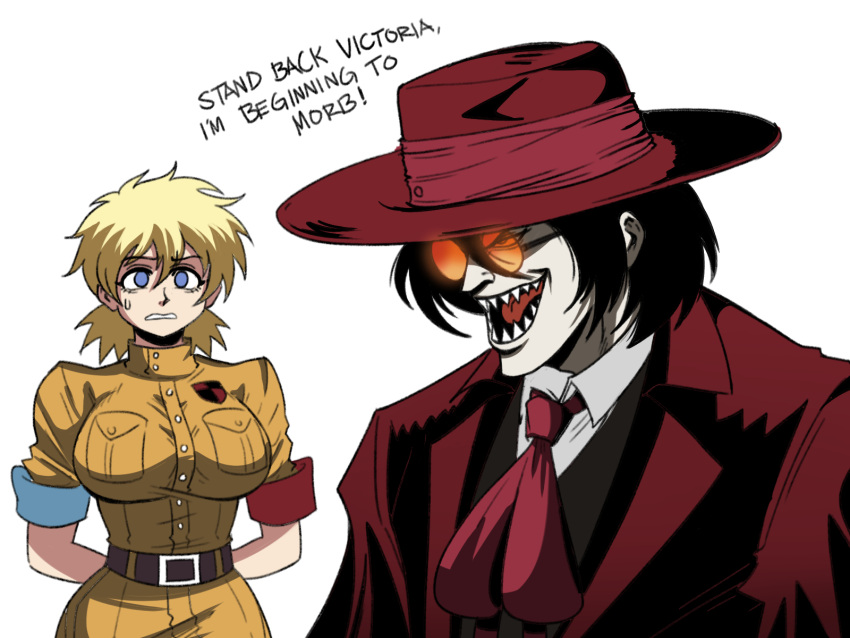 1boy, 1girl, alucard_(hellsing), ascot, black_hair, black_vest, blonde_hair, blue_eyes