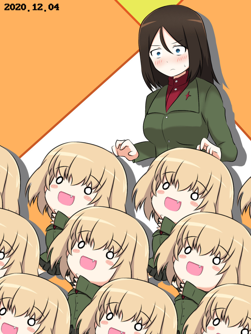 armorganger, black_hair, black_skirt, blonde_hair, blue_eyes, blush, bob_cut, breasts