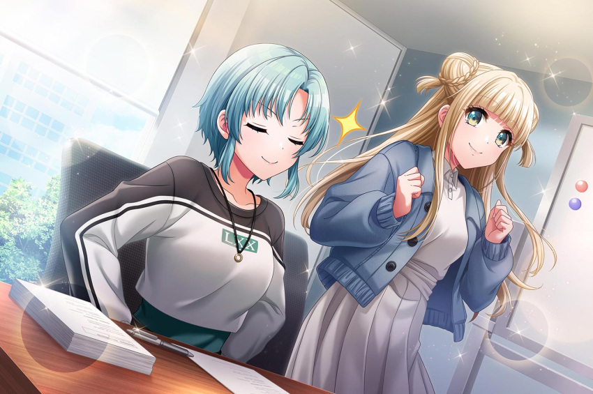 closed_eyes, d4dj, dress, fukushima_noa, green_hair, hanamaki_towa, short_hair, smile