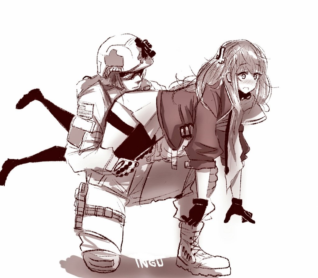 1boy, 1girl, aiming, american_flag, american_flag_print, asymmetrical_legwear, blush, eyebrows_visible_through_hair