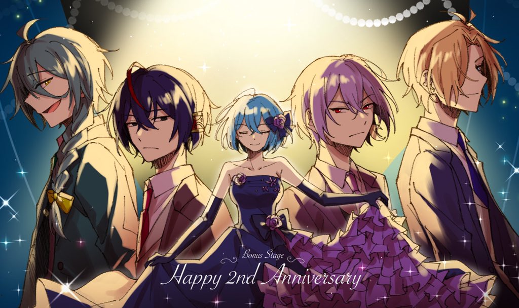 1girl, 4boys, :d, ahoge, anniversary, antenna_hair, aqua_hair, ashe_bradley