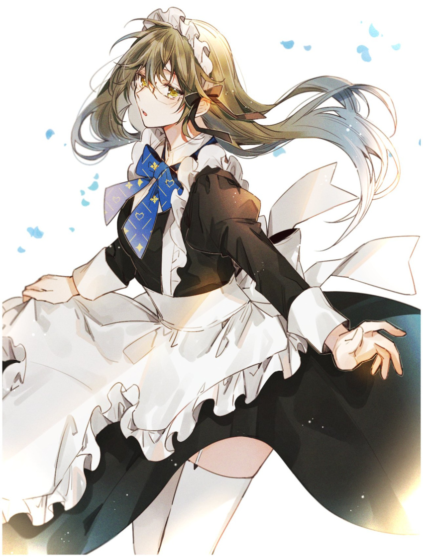 1girl, :o, alternate_costume, apron, black_dress, blue_bow, blue_bowtie, border