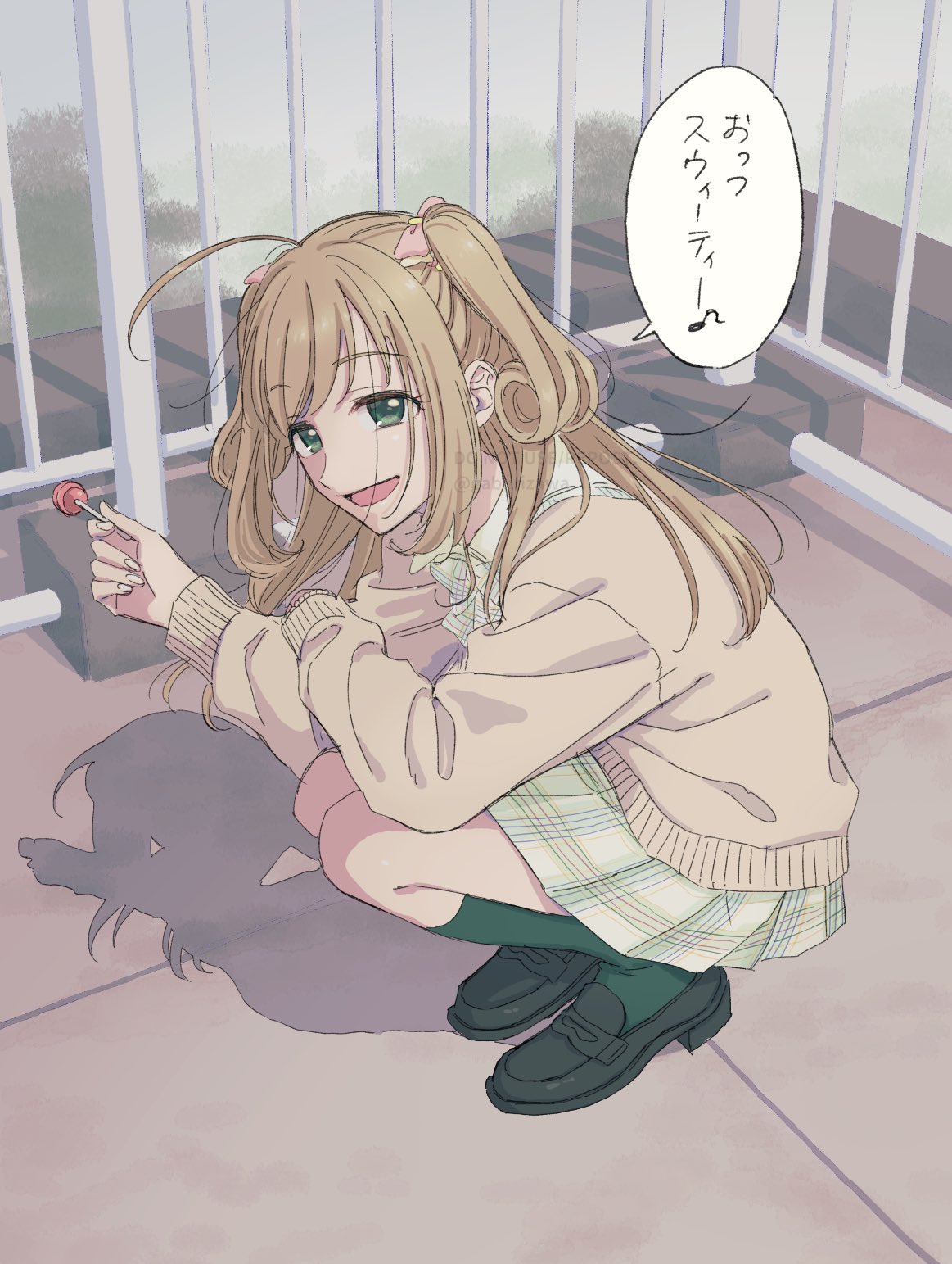 1girl, :d, ahoge, blonde_hair, candy, cardigan, food, gaburizawa