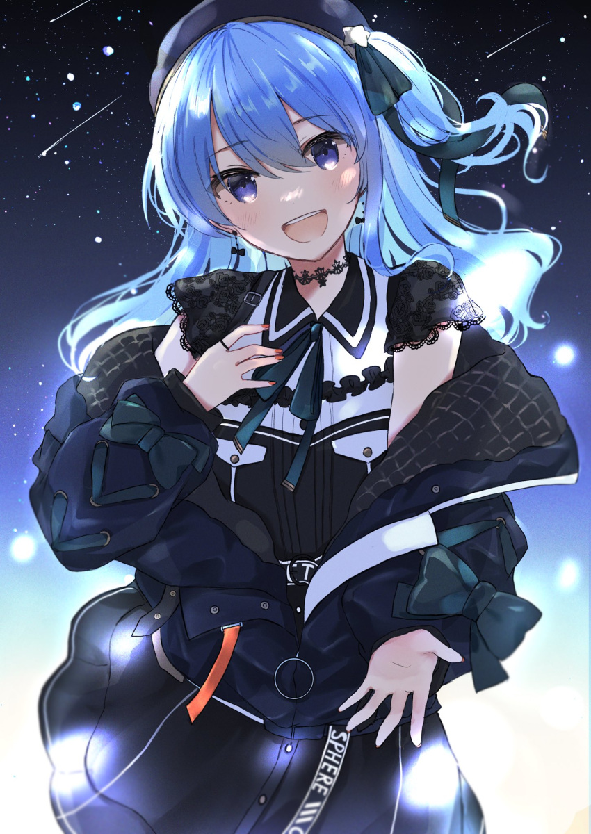 1girl, beret, blue_eyes, blue_hair, blush, chiho_(pixiv10578873), choker, earrings, eyebrows_visible_through_hair, hair_between_eyes, hair_ornament, hat, highres, jacket, jacket_partially_removed, jewelry, long_hair, nail_polish, open_mouth, ring, sky, smile, star-shaped_pupils, star_(sky), star_(symbol), star_hair_ornament, starry_sky, symbol-shaped_pupils, teeth, upper_teeth