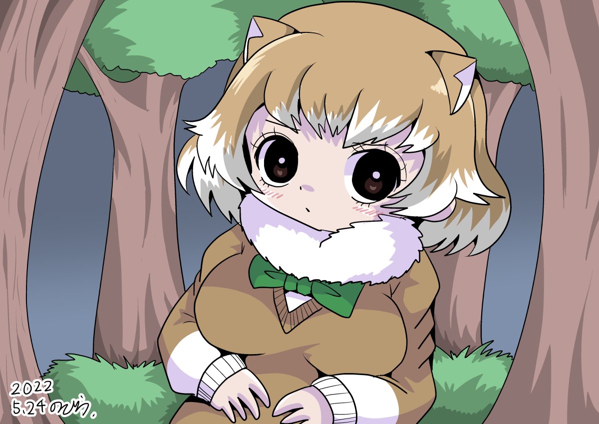 1girl, black-tailed_prairie_dog_(kemono_friends), blush, bow, bowtie, breasts, brown_hair, dated