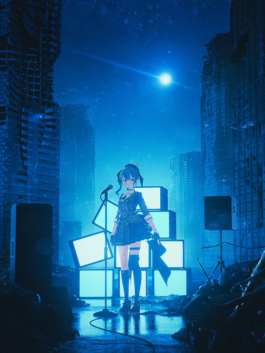 1girl, beret, blue_eyes, blue_hair, blush, bracelet, choker, crown