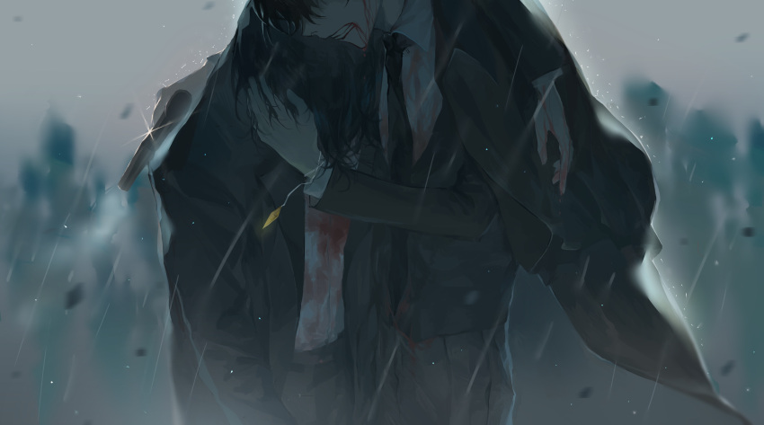 2boys, absurdres, bangs, black_hair, black_jacket, black_necktie, black_pants, bleeding