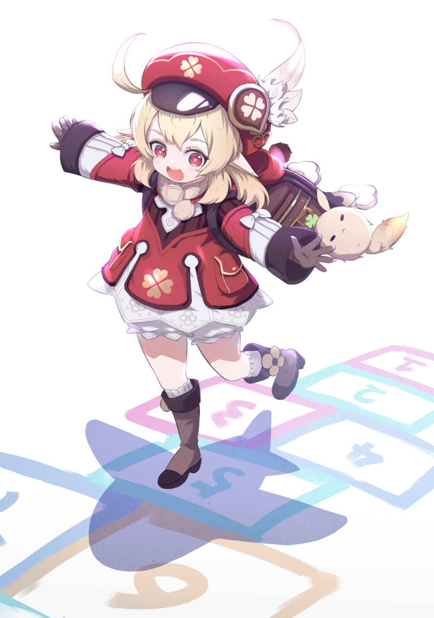 1girl, :d, ahoge, airplane_arms, backlighting, backpack, bag, bag_charm