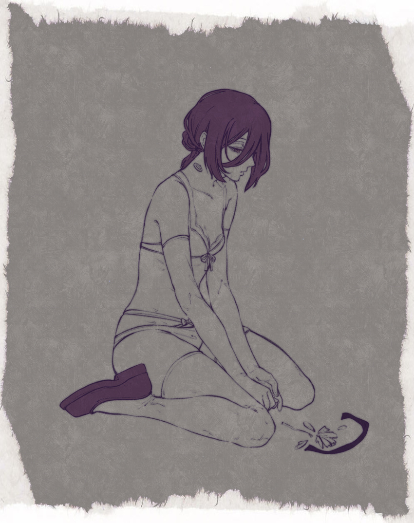 1girl, arms_between_legs, bangs, black_choker, black_footwear, black_hair, bra, breasts