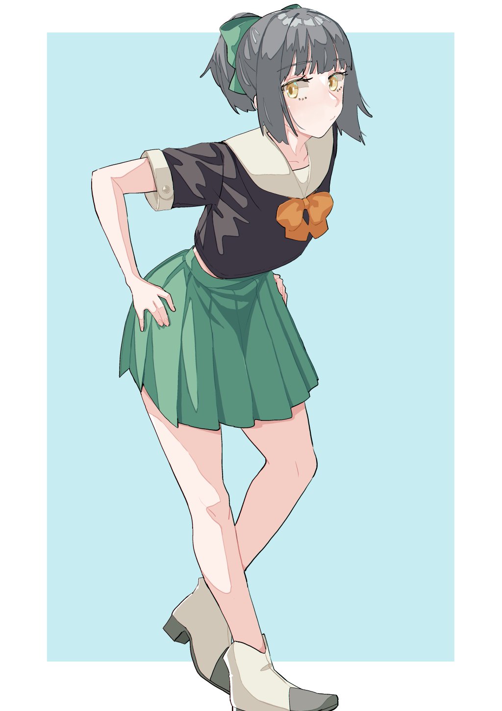1girl, black_shirt, boots, bow, bowtie, brown_eyes, full_body, green_skirt, grey_hair, hair_bow, hand_on_hip, highres, itou_ebiko, kantai_collection, no_legwear, orange_bow, orange_bowtie, ponytail, sailor_collar, school_uniform, serafuku, shirt, skirt, solo, standing, white_sailor_collar, yuubari_(kancolle)