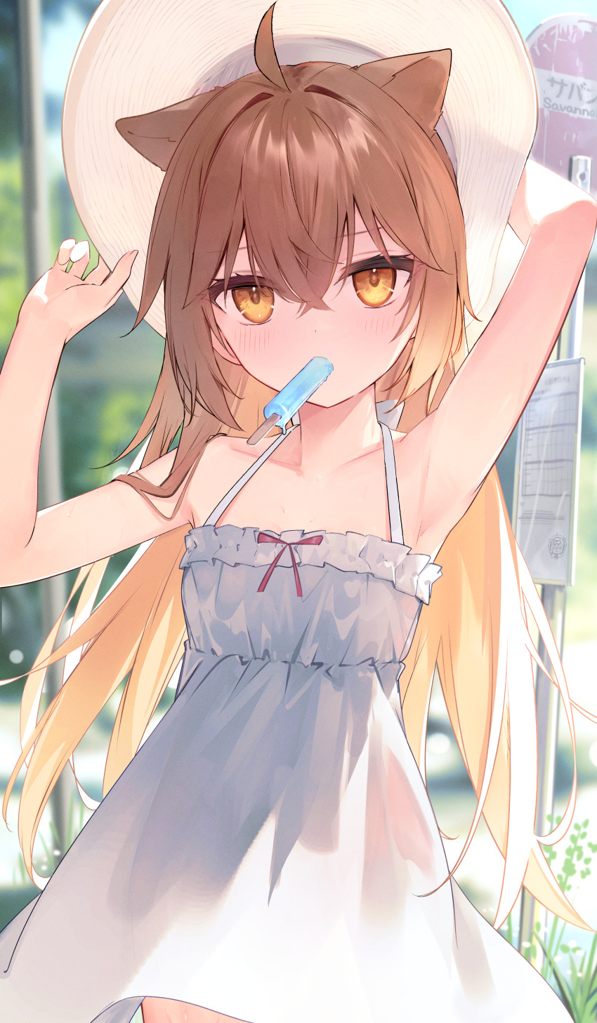 1girl, absurdres, ahoge, animal_ears, armpits, bangs, crossed_bangs, dress