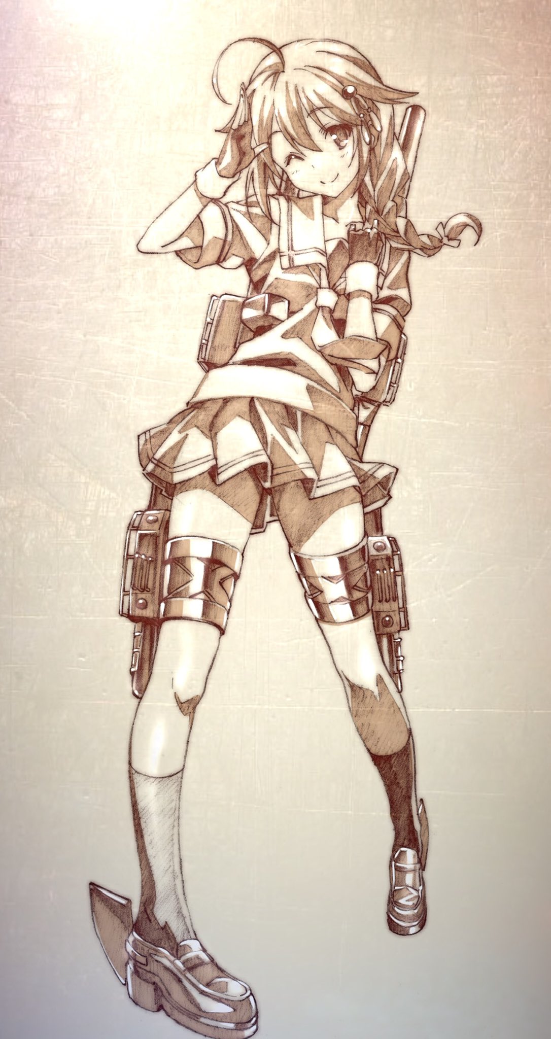 1girl, ahoge, armenian_commentary, braid, commentary_request, full_body, gloves, hair_flaps, hair_ornament, hair_over_shoulder, highres, kantai_collection, long_hair, looking_at_viewer, machinery, mixed-language_commentary, monochrome, one_eye_closed, scarf, school_uniform, sepia, serafuku, shigure_(kancolle), solo, standing, watanabe_yoshihiro