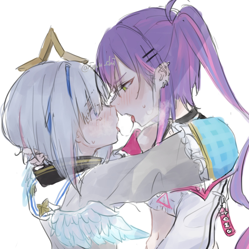 2girls, absurdres, after_kiss, amane_kanata, blue_eyes, blue_hair, blush, ear_piercing