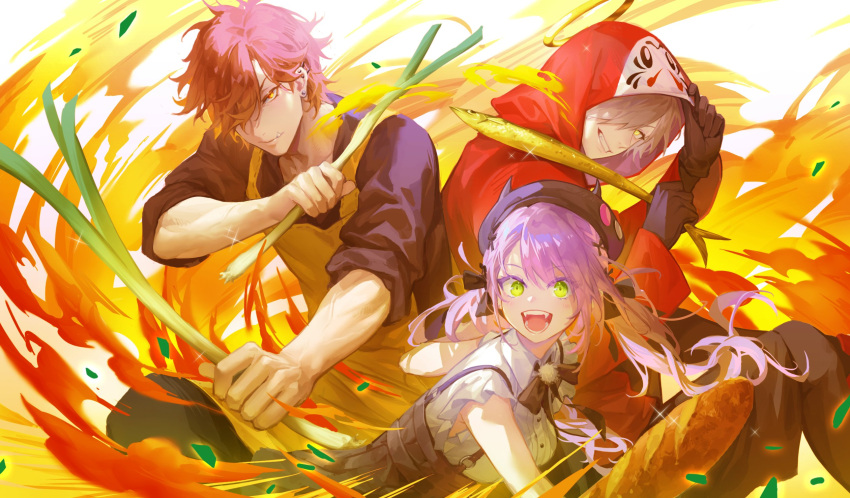1girl, 2boys, animal, arisakaaa_(crazy_raccoon), bangs, black_gloves, black_skirt, bread