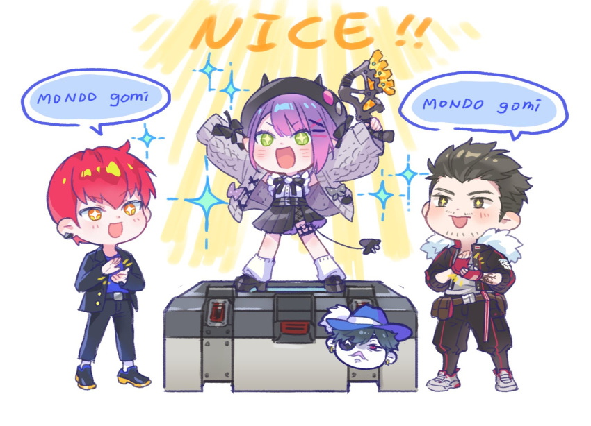 +_+, 1girl, 3boys, apex_legends, black_bow, black_footwear, black_hair, black_jacket
