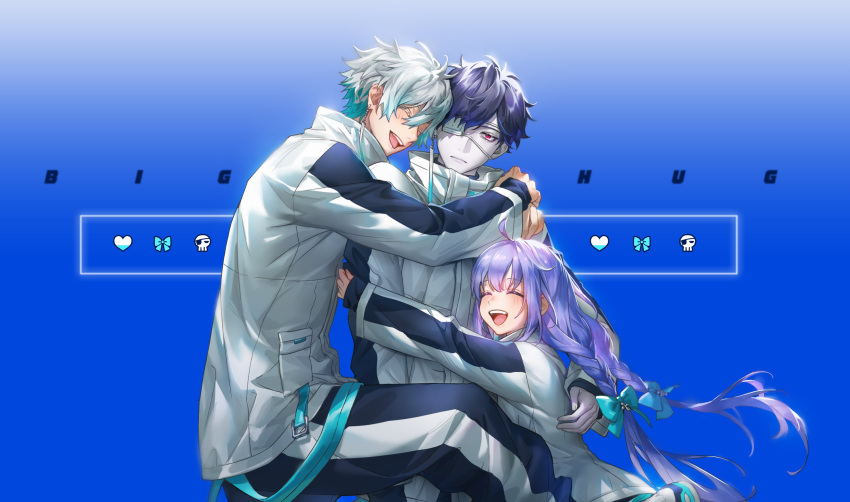 1girl, 2boys, ^_^, black_hair, black_pants, blue_bow, blue_eyes, blue_hair