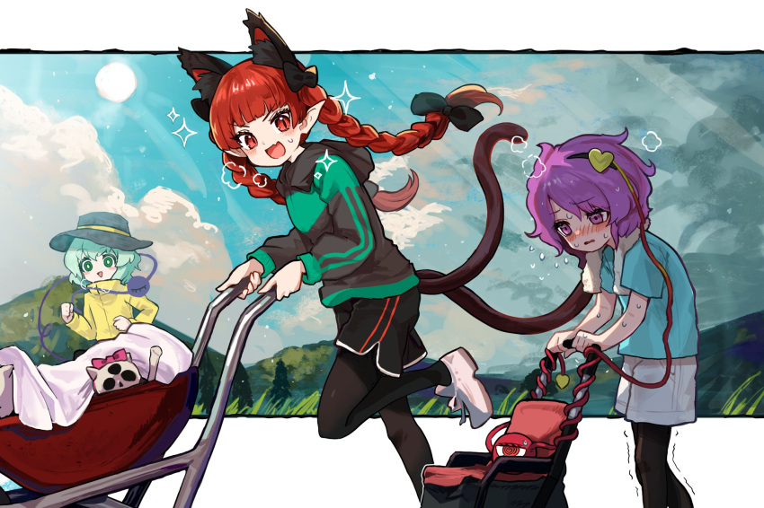 3girls, :d, @_@, adapted_costume, alternate_costume, animal_ears, bangs, black_bow