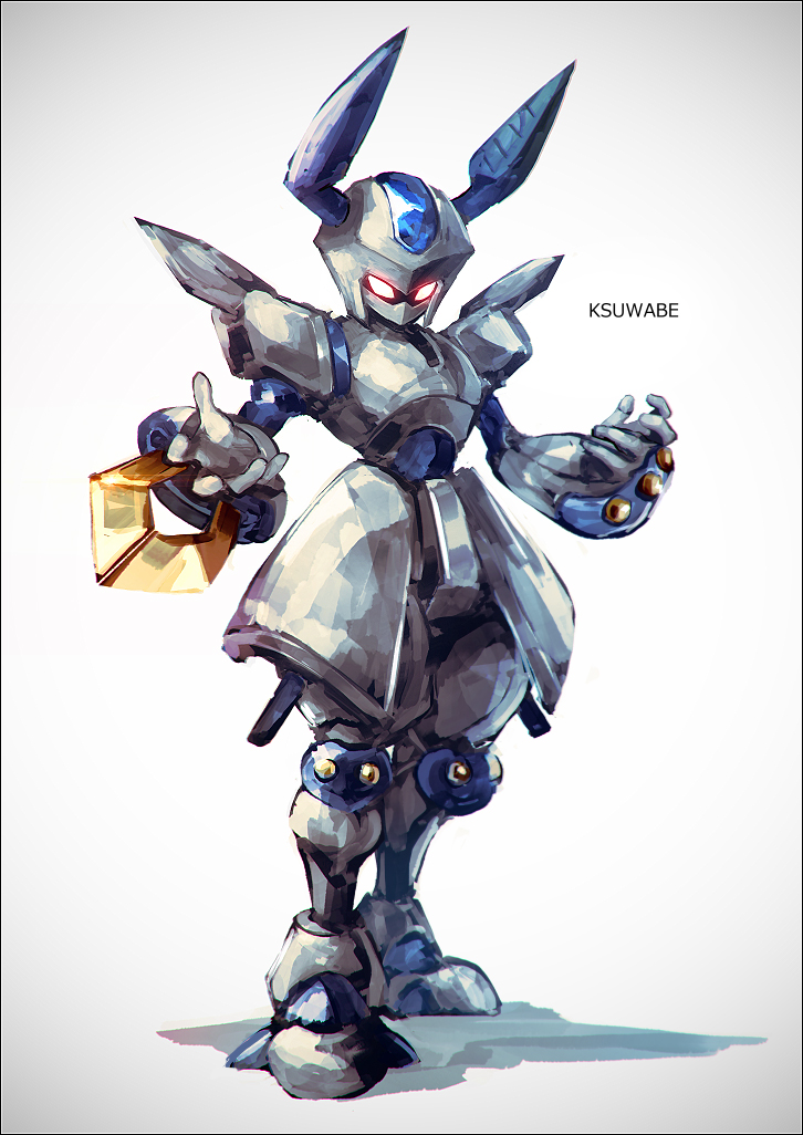 antennae, glowing, glowing_eyes, horns, joints, k-suwabe, leg_lift, mecha, medarot, no_humans, red_eyes, robot, robot_joints, rokusho_(medarot), shadow, simple_background, solo, standing, sword, weapon, white_background, wrist_blades