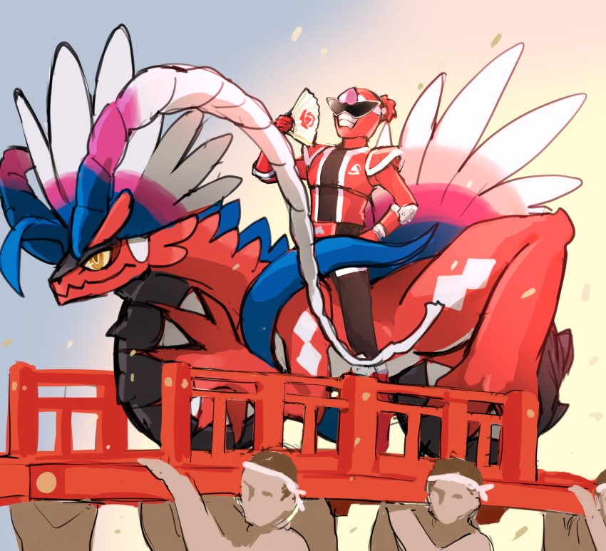 4boys, avataro_sentai_donbrothers, crossover, donmomotarou, folding_fan, hand_fan, highres, holding