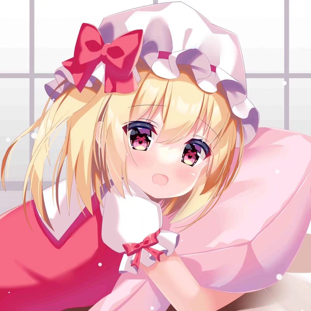 1girl, :o, blonde_hair, dot_nose, fengshen_chino, flandre_scarlet, hat, holding