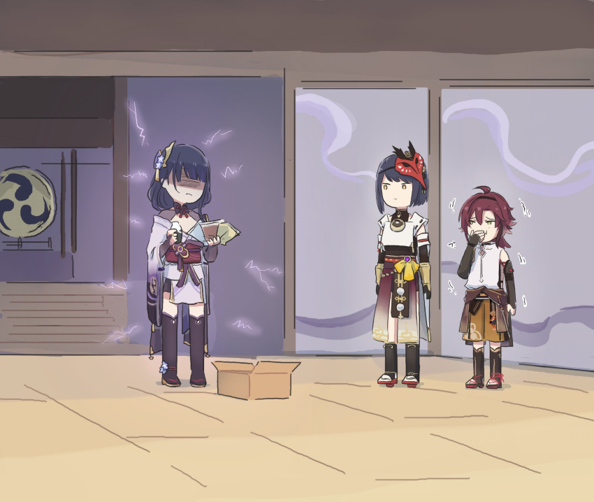 1boy, 2girls, ahoge, alcohol, angry, bird_mask, book, bottle