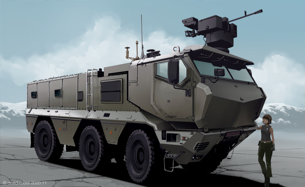 1girl, blue_sky, brown_hair, clouds, commentary, dead-robot, green_pants, ground_vehicle