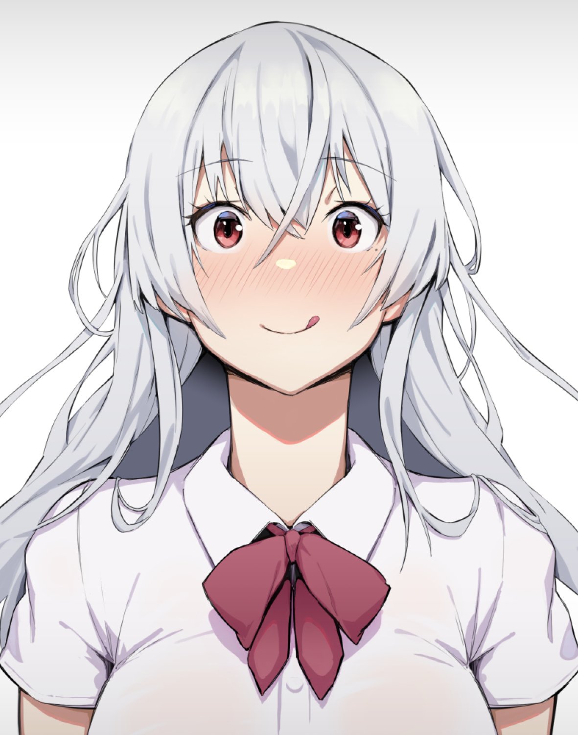 1girl, :q, bangs, blush, bow, bowtie, collared_shirt, commentary, eyebrows_visible_through_hair, gin_mitsu, hair_between_eyes, highres, long_hair, looking_at_viewer, nose_blush, original, red_bow, red_bowtie, red_eyes, shirt, short_sleeves, sidelocks, simple_background, smile, solo, tongue, tongue_out, white_background, white_hair, white_shirt, wing_collar
