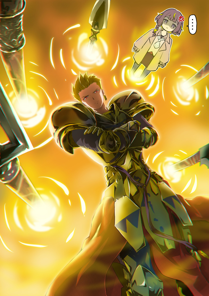 1boy, 1girl, absurdres, anya_melfissa, armor, blonde_hair, brown_hair, commentary