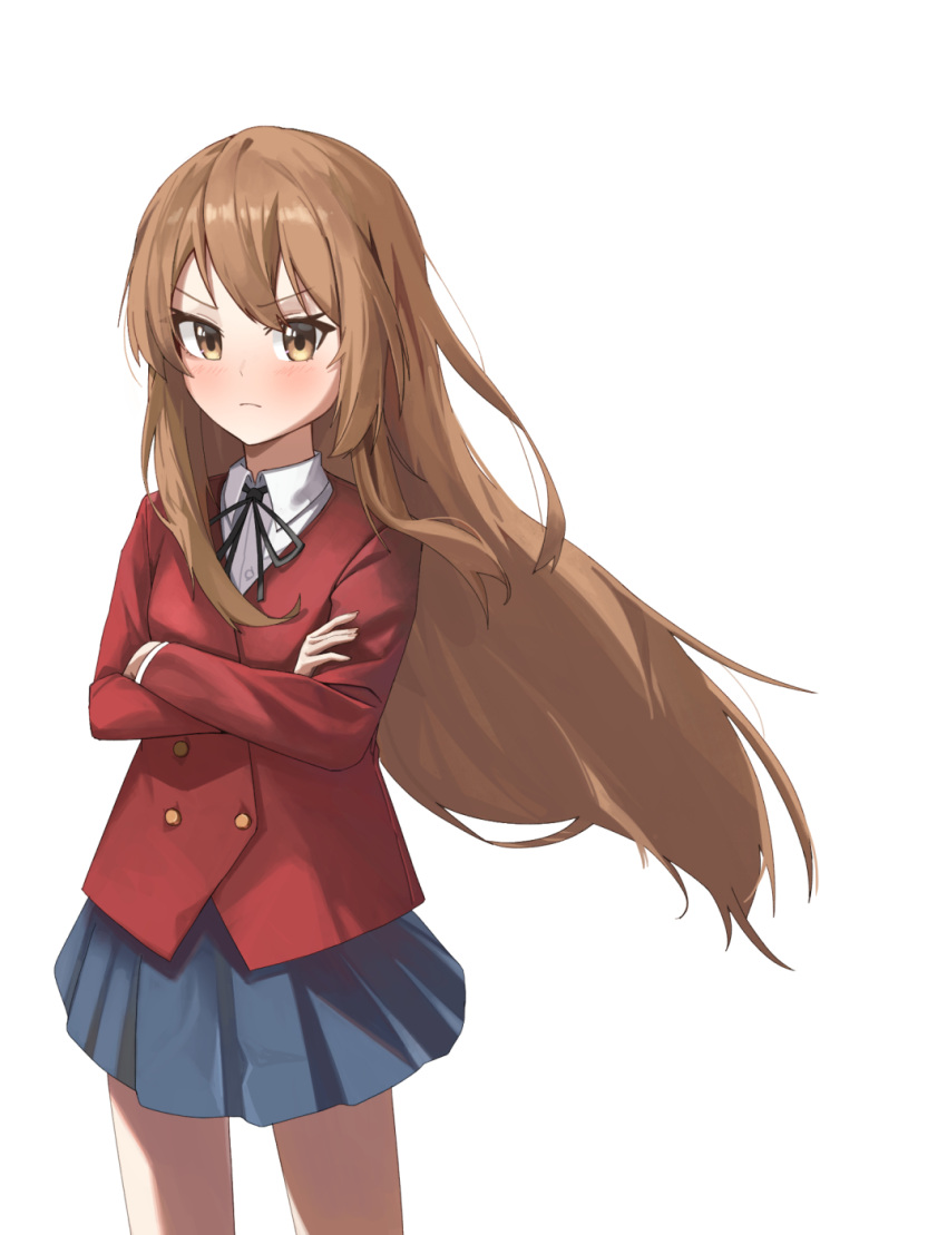 1girl, 26th, aisaka_taiga, blazer, blue_skirt, brown_eyes, cowboy_shot, crossed_arms