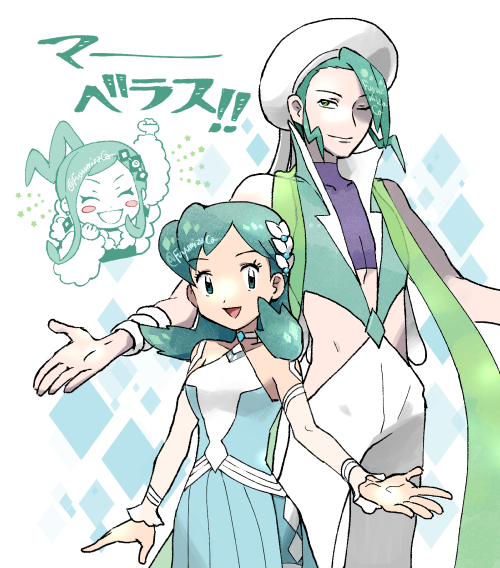 1boy, 2girls, :d, aqua_dress, aqua_eyes, aqua_hair, bare_shoulders, breasts, cheering, choker, closed_eyes, collarbone, commentary_request, dress, fuyumizaka, hair_ornament, halter_dress, halterneck, happy, jewelry, kris_(pokemon), lisia_(pokemon), medium_hair, multiple_girls, official_alternate_costume, one_eye_closed, pendant, pokemon, pokemon_(game), pokemon_masters_ex, pokemon_oras, purple_shirt, scarf, shirt, shorts, shorts_under_dress, side_slit, small_breasts, smile, translated, wallace_(pokemon), white_headwear, wrist_cuffs