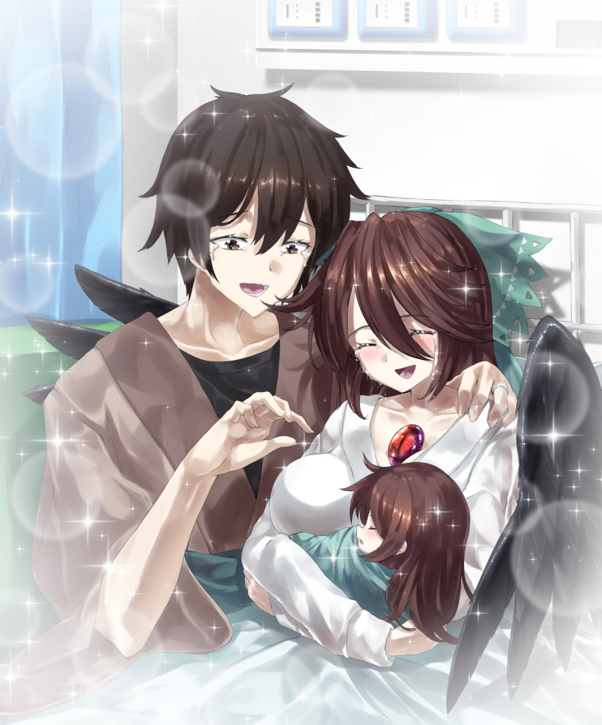 1boy, 2girls, baby, black_hair, bow, brown_eyes, child, hair_bow