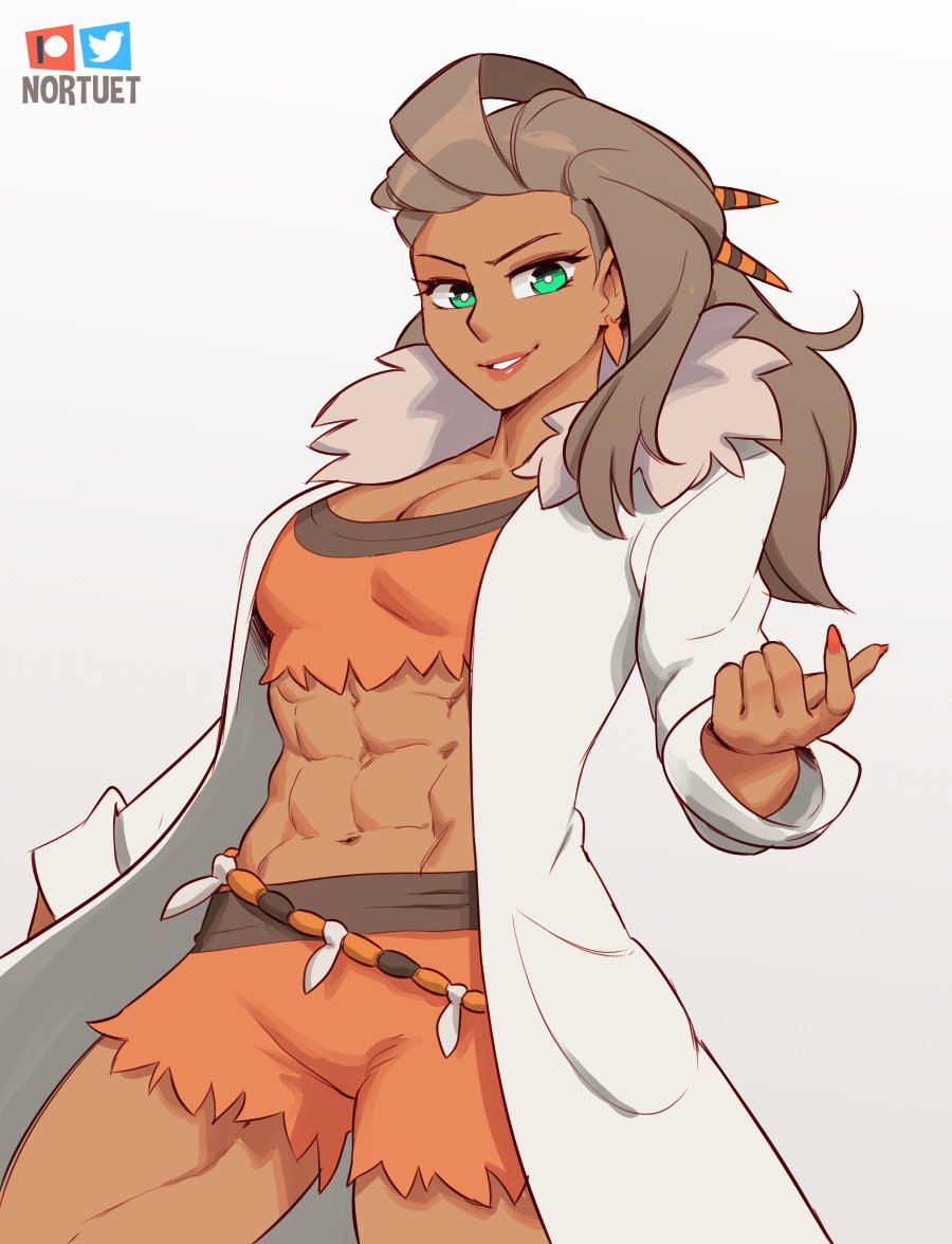 1girl, breasts, brown_hair, dark-skinned_female, dark_skin, forehead, fur_collar, green_eyes