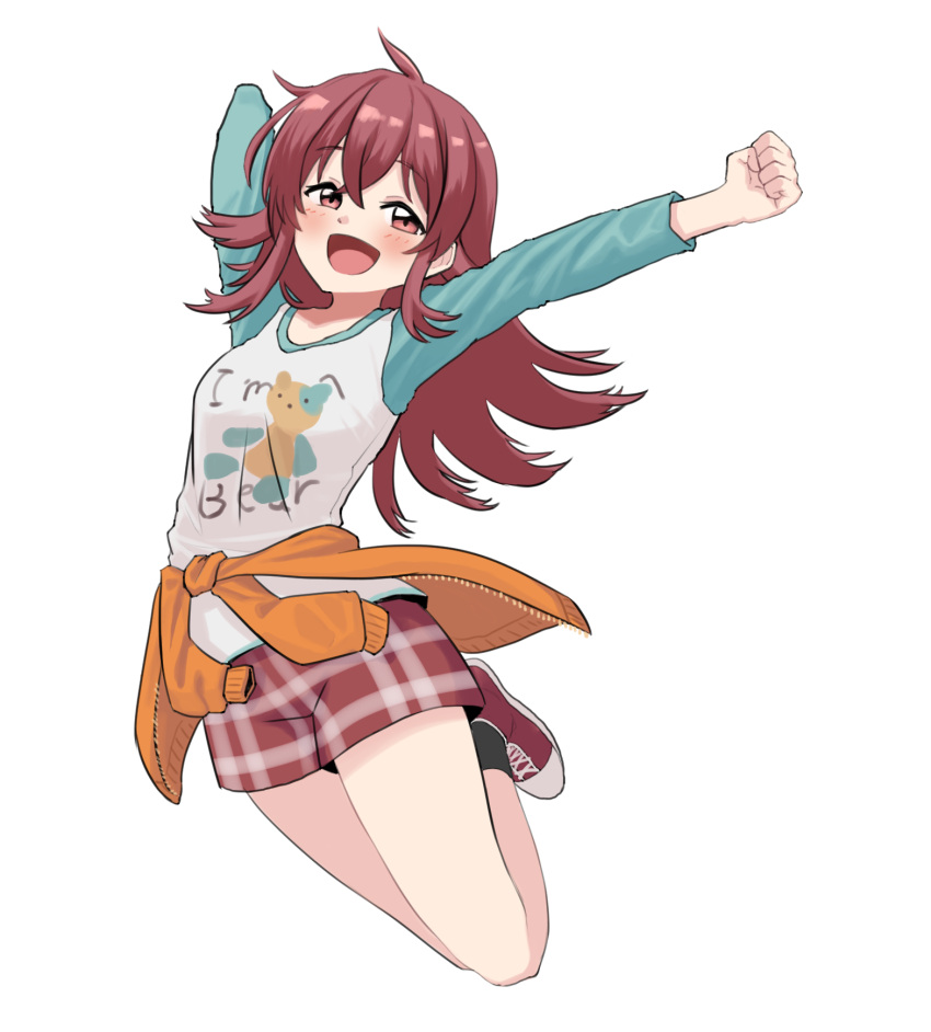 ahoge, arm_behind_head, bangs, black_legwear, blue_sleeves, blush, breasts, checkered_shorts