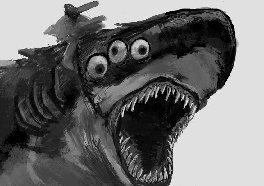 1boy, beam_(chainsaw_man), chainsaw_man, extra_eyes, gills, greyscale, highres, kishima_(ki123454321)