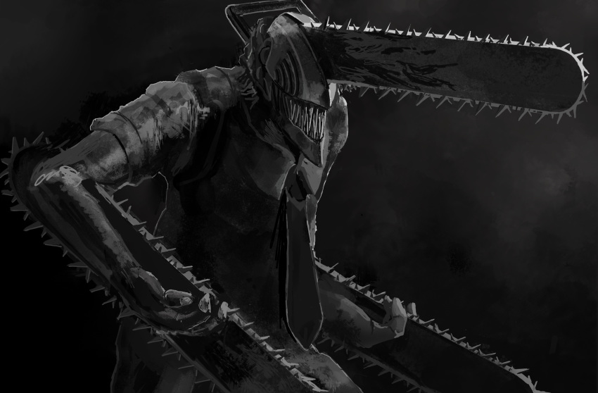 1boy, chainsaw, chainsaw_man, collared_shirt, dark, denji_(chainsaw_man), facing_viewer, fog