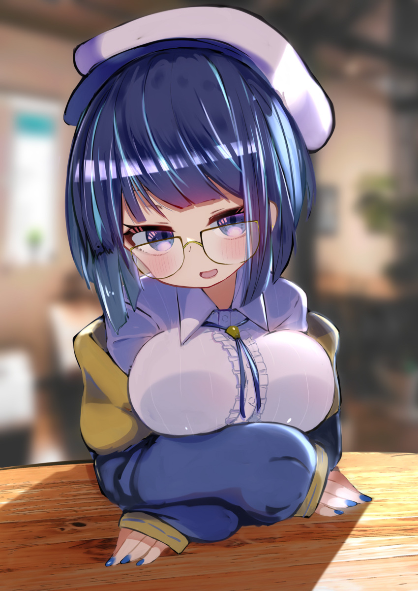 1girl, blue_eyes, blue_hair, blue_jacket, blue_nails, blurry, blurry_background, bob_cut