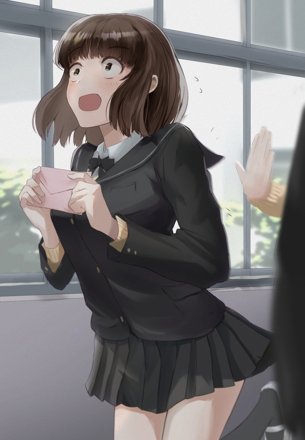 1girl, amagami, bangs, black_bow, black_bowtie, black_cardigan, black_sailor_collar, black_skirt