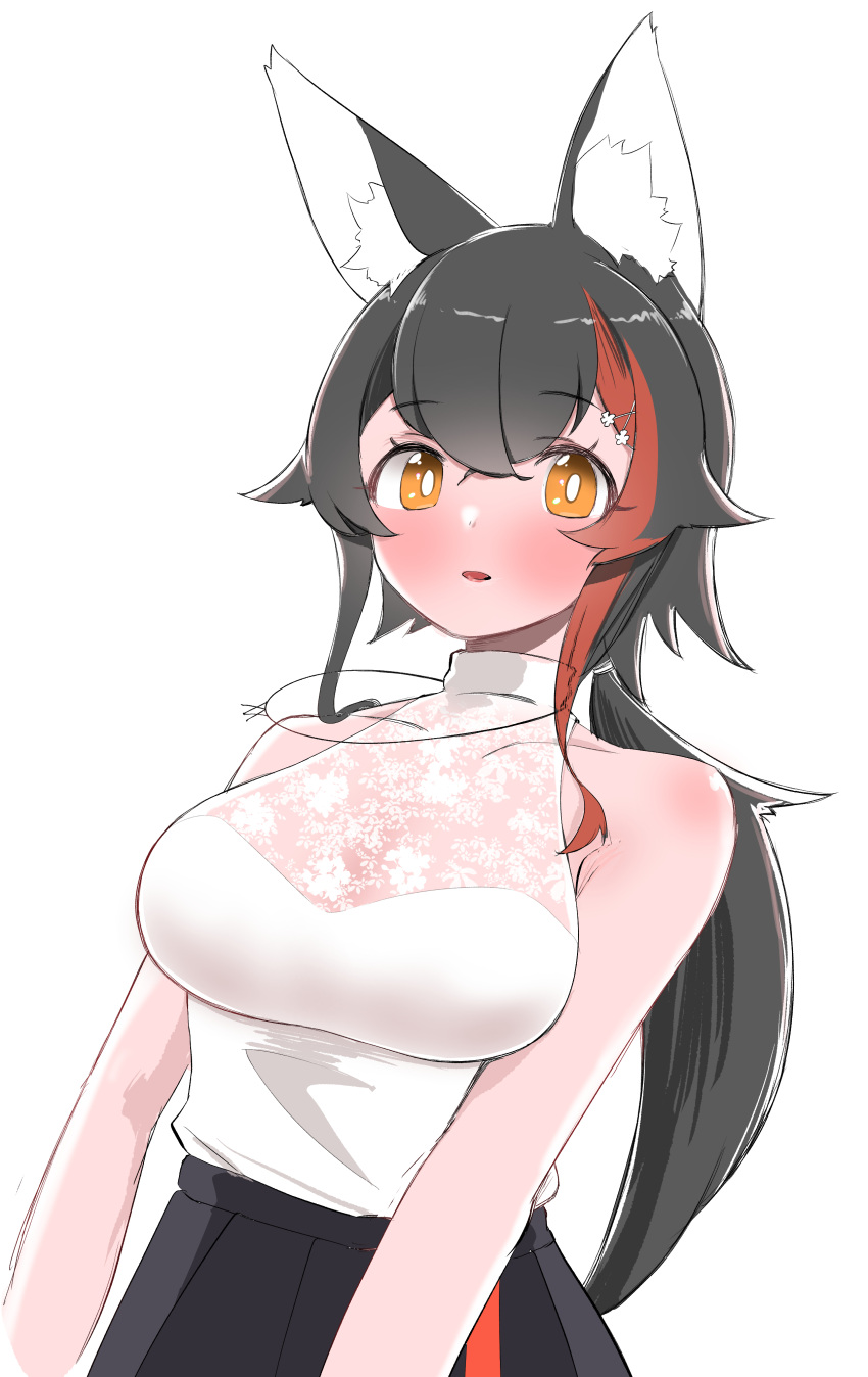 1girl, absurdres, animal_ear_fluff, animal_ears, black_hair, black_skirt, breasts, bright_pupils
