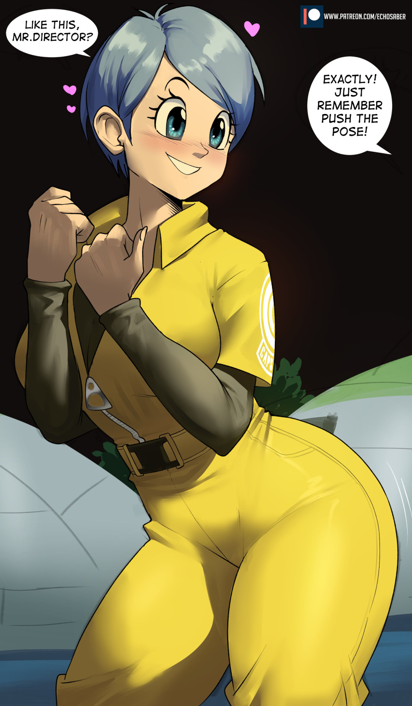 1girl, absurdres, bangs, blue_eyes, blue_hair, blush, breasts, bulma, capsule_corp, collared_shirt, dragon_ball, dragon_ball_super, dragon_ball_super_super_hero, dragon_ball_z, echo_saber, heart, highres, jumpsuit, large_breasts, open_mouth, shirt, short_hair, smile, solo, thick_thighs, thighs, wide_hips, yellow_jumpsuit