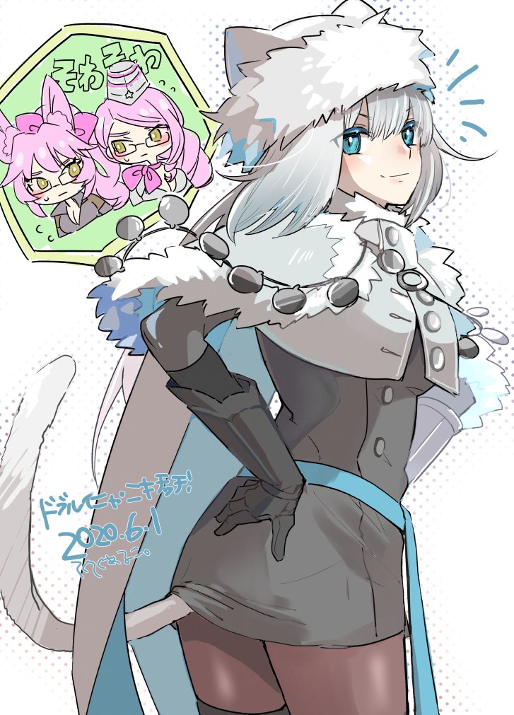 3girls, animal_ears, blue_eyes, cape, chibi, dated, dobrynya_nikitich_(fate), dress, fate/grand_order, fate_(series), fox_ears, from_behind, fur-trimmed_cape, fur-trimmed_headwear, fur_trim, gauntlets, grey_dress, hands_on_hips, hat, koyanskaya_(assassin)_(first_ascension)_(fate), koyanskaya_(foreigner)_(first_ascension)_(fate), long_hair, looking_at_another, multiple_girls, pantyhose, pink_hair, smile, tail, tekuteku_aruko, white_hair, yellow_eyes