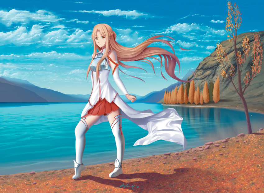 1girl, armor, asuna_(sao), beach, blue_sky, boots, braid, branch