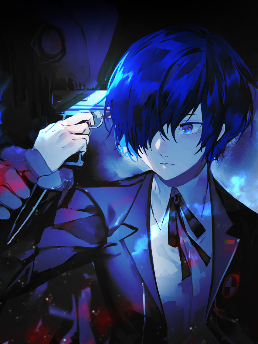 1boy, black_jacket, black_ribbon, blue_eyes, blue_hair, closed_mouth, collared_shirt, dress_shirt