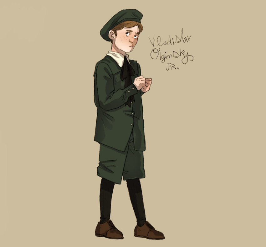 1boy, black_ribbon, black_socks, brown_hair, brown_shoes, childhood, green_hat, green_jacket, green_shorts, mxgicdave, pathologic, pathologic_2, sailor_hat, sailor_uniform, vlad_olgimsky_jr, white_collar